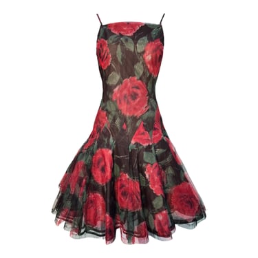 Nina Ricci Couture 1956 Rose Print Tulle Fit and Flare Dress