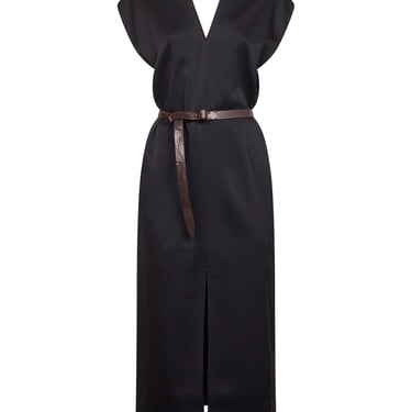 Brunello Cucinelli Women Black Cady Satin Belted Midi Dress