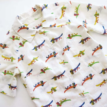 Vintage 60s Weiner Dog Dachshund Novelty Print Blouse M L  - 1960s Colorful Dog Print Button Up Top 