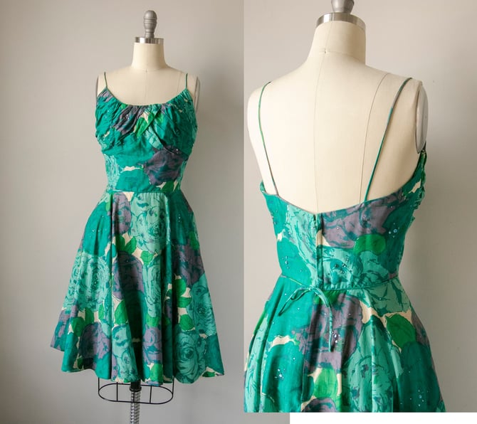 1950s Dress Floral Sequin Full Skirt Rappi S 