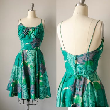 1950s Dress Floral Sequin Full Skirt Rappi S 