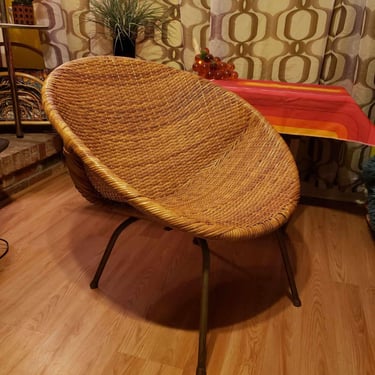 Vintage Arthur Umanoff Inspired Rattan and Metal Hoop Chair 