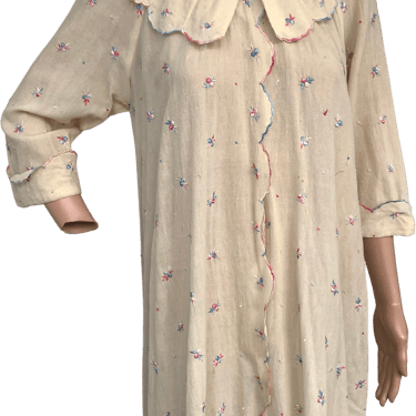 30s Antique Embroidery Sheer Robe Ivory Gown S
