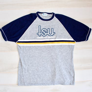 Vintage 80s Louisiana State University T Shirt, 1980s College Raglan Tee, Short Sleeve, Graphic, Striped, LSU, Single Stitch 