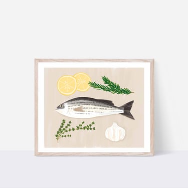 Striped Bass With Herbs and Lemon Art Print/ Fish and Seafood Cooking Illustration/ Kitchen Wall Decor/ Cooking Wall Art 