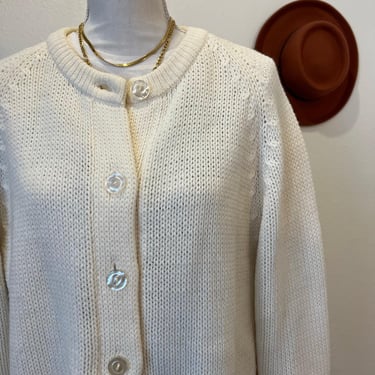 Vintage 1970s White Ivory Acrylic Chunky Knit Button Front Cardigan Sweater XL 