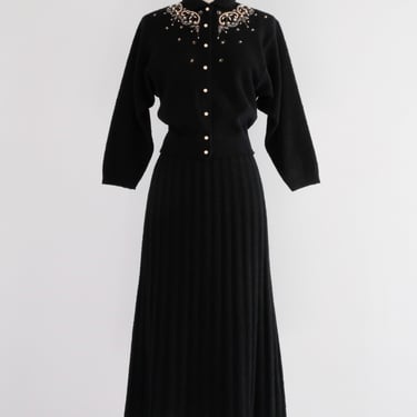 Marvelous 1940's Kims Black Wool Boucle Knit Sweater &amp; Skirt Set / Sz M