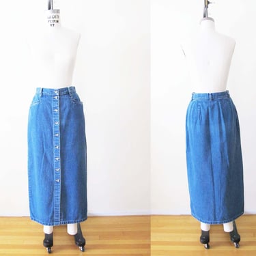 Vintage 90s Button Front Denim Maxi Skirt S M - 1990s Long Blue Jean Skirt Eddie Bauer 