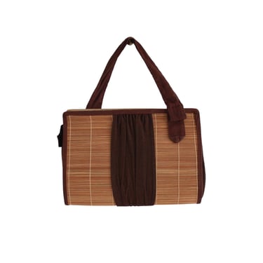 1940s Wicker Handbag with Brown Fabric Details - 1940s Bamboo Purse - 40s Bamboo Handbag - 1940s Brown Handbag  - 1940s Wood Purse - 40s Bag 