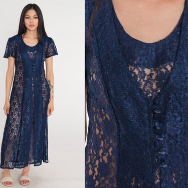 Navy Blue Lace Dress 90s Sheer Maxi Dress Grunge Boho Hippie Short Sleeve Button Up Festival Romantic Vintage 1990s See Through Small S 