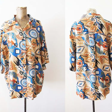Vintage Oversized 90s Abstract Print Shirt - Silk Button Up XL - Colorful Shapes Patterned Collared Shirt - 90s Clothing 
