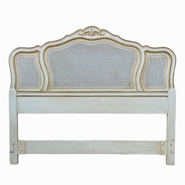 French Provincial Queen Headboard by Drexel with Cane, Antique White & Gold Finish - Vintage Bedroom Furniture 