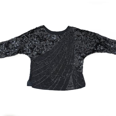 Deco sequin blouse | Vintage 80s black silk Sequin Beaded dolman blouse 