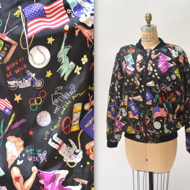 90s Vintage Silk Bomber Jacket by Nicole Miller with USA America United States Elvis Harley Printed Silk Jacket Mens Womens 