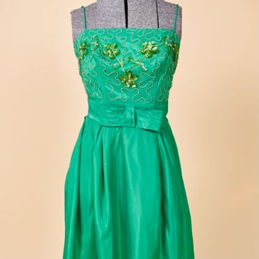 Green 60s Party Dress with Sequin Flowers, XS