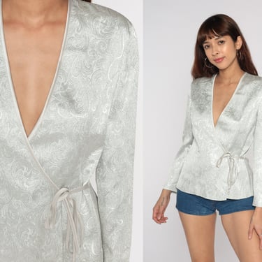 Metallic Silver Blouse 90s Wrap Shirt Deep V Neck Brocade Top Party Shirt Sexy Plunging Long Sleeve Going Out Top 1990s Vintage Small S 6 
