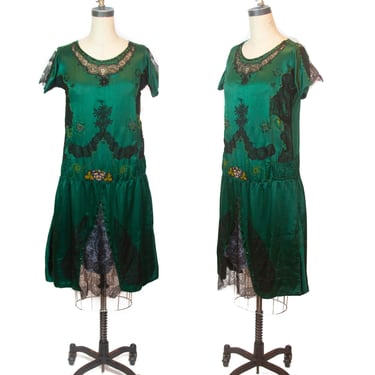1920s Dress ~ Emerald Green Silk Beaded and Black Chantilly Lace Flapper Dress 