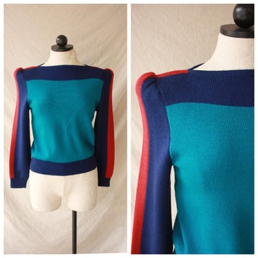 80s St. John Color Block Sweater with Puffed Shoulders Size S / M 