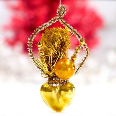 VINTAGE: Mercury Glass Heart Ornament - Mercury Beads - Tinsel - Kugel Style Christmas Ornaments - SKU 25-D2-00030568 