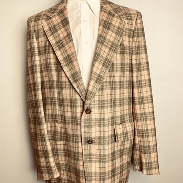 Vintage 60s/70s Men’s Wool Plaid Beige, Green and Brown Blazer/Sports Coat, Size 44 Long 