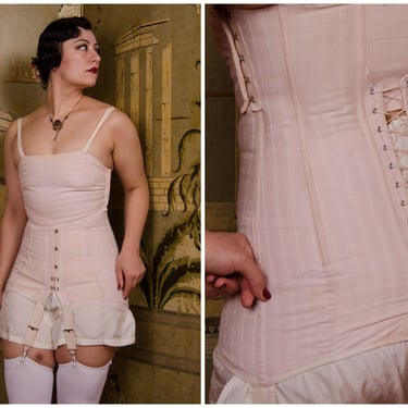 1920s Corset - Vintage Late 1920s/early 1930s Pink Cotton Girdle with Bust Control and Back Laces 