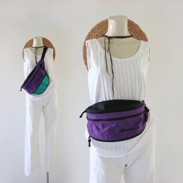 oversized Eddie Bauer fanny pack - vintage 80s 90s unisex mens womens purple green extendable hip sling bum bag 