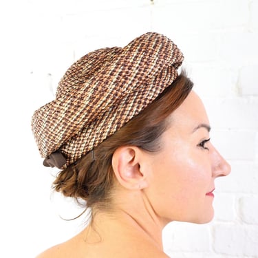 1950s Brown Woven Straw Hat | 50s Brown & White Tweed Straw Hat 