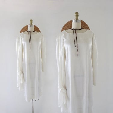 draped satin dress - s - vintage womens off white long sleeve 80s 90s dress 