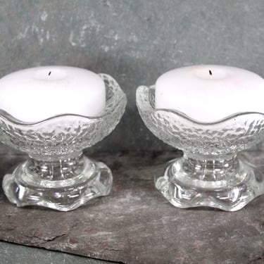 Set of 2 Glass Candle Holders | Pillar Holders | Scalloped Edge Footed Pillar Holders | Vintage Decor 