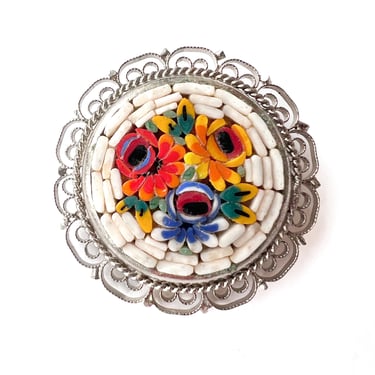 Vintage Italian Micro Mosaic Brooch, Round Mosaic Brooch, Brass Filigree Setting, Vintage Floral Jewelry, MidCentury Jewelry, Colorful Glass 