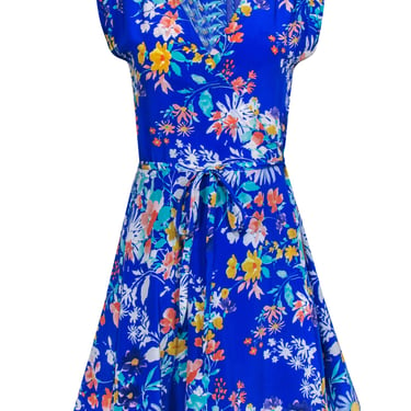 Yumi Kim - Royal Blue Floral Print Short Sleeve Silk Wrap Dress Sz M