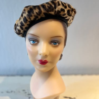 Casually She Waited, Again - Vintage 1950s 1960s Faux Leopard Fur Constructed Beret Slant Hat 