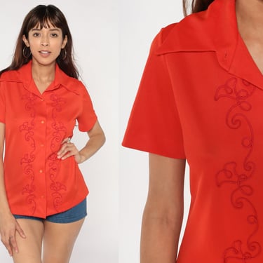 Red Blouse 70s Button Up Shirt Soutache Trim Wing Collar Retro Collared Secretary Top Simple Disco Hippie Short Sleeve Vintage 1970s Small S 