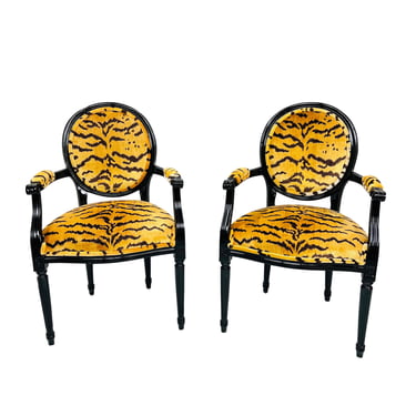 #1419 Pair Black Lacquered Tiger Print Louis XVI Style Chairs