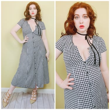 1990s Vintage Cotton Plaid Lace Up Back Dress / 90s Checkered Western Button Gingham Midi Dress / Medium - Large 