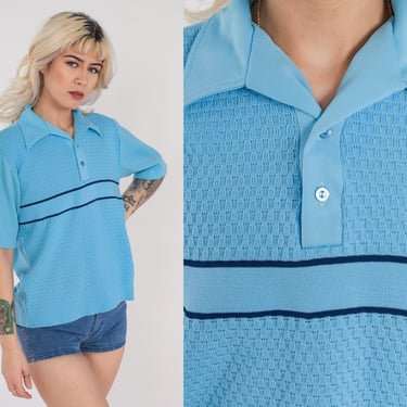 Blue Polo Shirt 70s Basket Weave Collared T-Shirt Striped Retro Preppy Short Sleeve TShirt Seventies Streetwear Top Vintage 1970s Medium M 