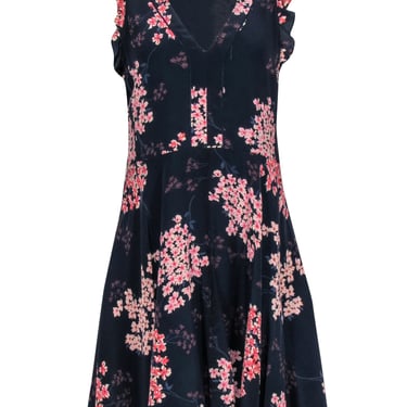 Rebecca Taylor - Navy & Light Pink Floral Silk A-Line Dress Sz 6