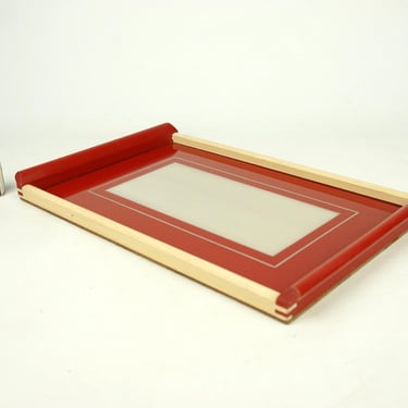 Mid century red tray, Germany wood and glass serving tray, Modern glass tray, Vintage Geometric platter dish 50s,60s, 