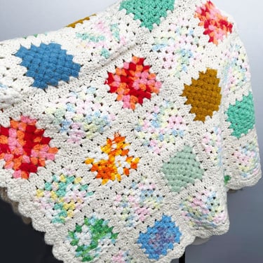 Vintage Crochet Squares Granny Blanket Throw Cottage Shabby Chic style Pastels1960's, 1970's, 45 X 45" Square, Afghan Handmade 