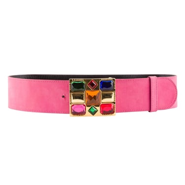 Escada 1991 S/S Vintage Jeweled Buckle Pink Suede Waist Belt 