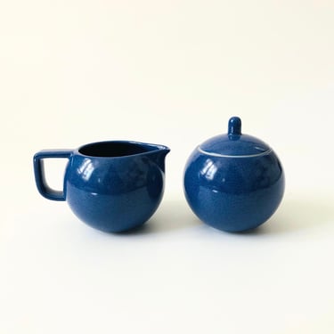 Blue Speckled Pottery Creamer and Sugar Bowl 