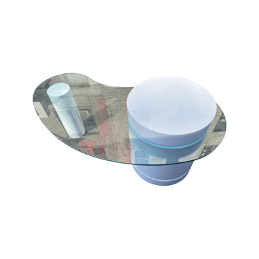 Postmodern Kidney Shaped Glass and White Double Drum Coffee Table