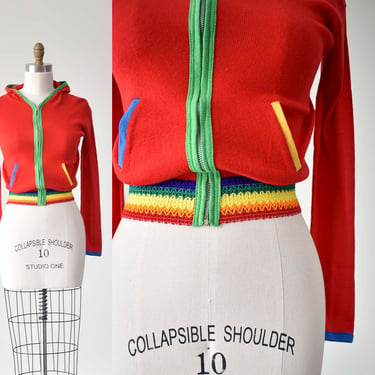 70s Red Hooded Sweatshirt / Vintage Rainbow Sweatshirt/ Crochet Hoodie / Vintage Hoodie / 1970s Hoodie / 70s Jacket / Stranger Things 