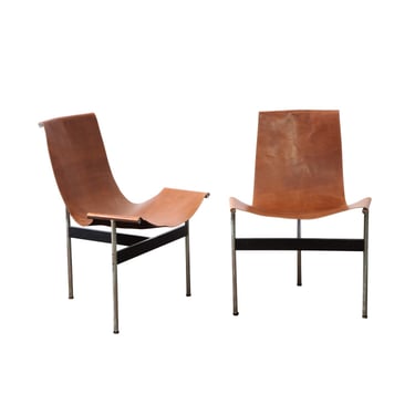 Laverne International Pair of Iconic "T Chairs" with Brown Leather 1950s