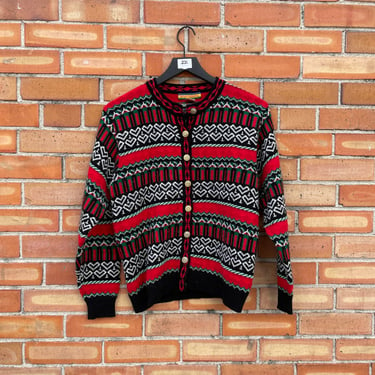 vintage 80s red heart print fair isle nordic cardigan / s small 