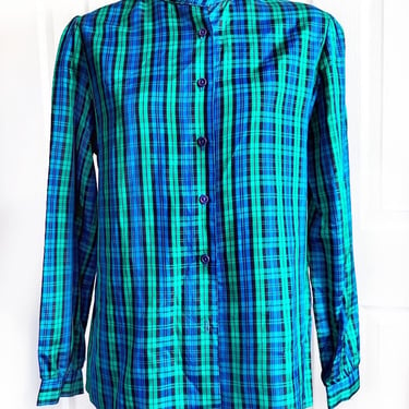 Blue Green Tartan PLAID High Neck BLOUSE, Vintage Ruffle Collar Women's Shirt 1970's Scottish Classic Long Sleeves Button Down Oxford 