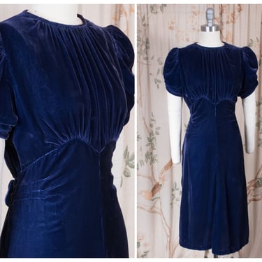 1930s Dress - Decadent Blue Velvet Puffed Sleeve Cocktail Dress with Shirring and Attached Belt 