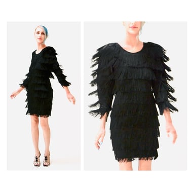 80s does 20s Vintage Black Flapper Fringe Dress Size Small Medium// 80s Glam Vintage Black Fringe Party Flapper Dress C.M. Lafra 