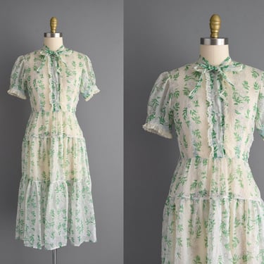 1950s dress | Adorable Green Floral Print Semi Sheer Puff Sleeve Dress | Small Medium | 50s vintage dress 