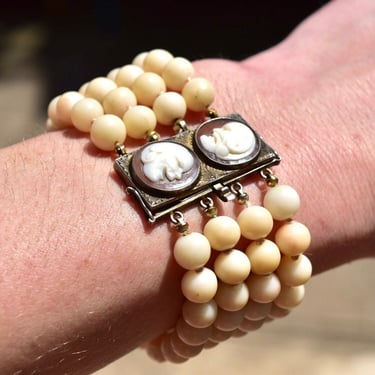 Vintage Multi-Strand Stone Seed Bead Bracelet with Two-Cameo Box Clasp, 800 Silver, Comedy & Tragedy Cameos, Art Deco Style, 7 1/2" 
